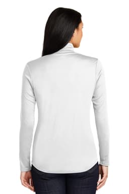 A grey Sport-Tek Ladies PosiCharge Competitor 1/4-Zip Pullover featuring a high collar and long sleeves, with a logo.
