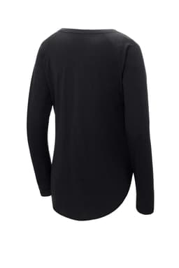 A black long sleeve tri-blend wicking scoop neck raglan tee with a curved hem and a logo on the back.