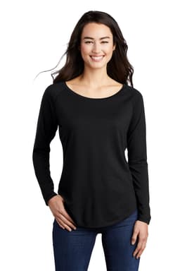 A black long sleeve tee with a scoop neck and raglan sleeves, featuring a logo. Suitable for casual wear.
