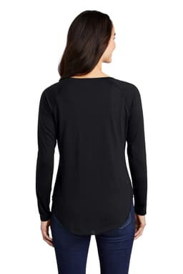 A black long sleeve tri-blend scoop neck raglan tee with a rounded hem, featuring a logo on the back.