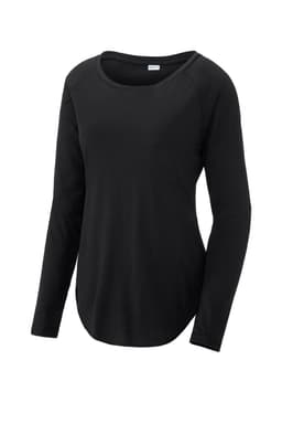A black long sleeve scoop neck tee with a raglan design and a logo on it. Ideal for casual wear.