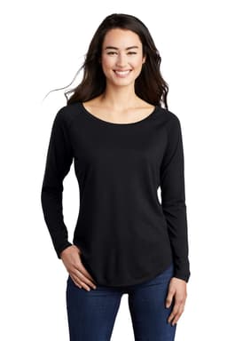 A black long sleeve tri-blend wicking scoop neck raglan tee with a relaxed fit and a light texture.