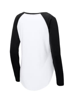 A long sleeve tri-blend raglan tee featuring black sleeves and a white body. Includes a logo on the back.