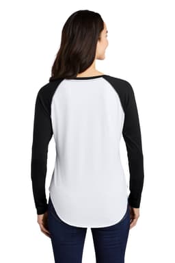 A long sleeve tri-blend tee featuring a white body and black raglan sleeves, with a scoop neck design and a logo.