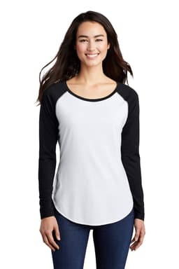 A long sleeve tri-blend scoop neck tee in white with black raglan sleeves. Features a logo on the front.