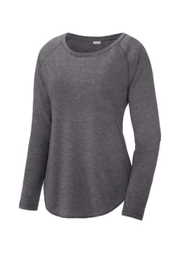 A grey long sleeve scoop neck raglan tee with a relaxed fit and a logo on the label.