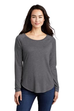 A grey long sleeve scoop neck tee with a raglan design, featuring a logo on one side.