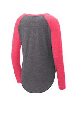 A long sleeve tri-blend tee in grey and pink with a scoop neck and raglan sleeves, featuring a logo.