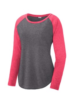 A long sleeve tri-blend scoop neck tee in grey with pink raglan sleeves, featuring a logo.