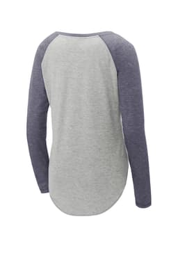 A grey and navy long sleeve tri-blend wicking scoop neck raglan tee with a curved hem and logo.