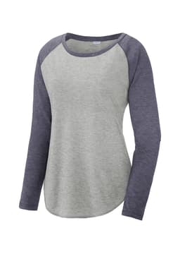 A grey and navy long sleeve tri-blend scoop neck tee with raglan sleeves and a branding logo.