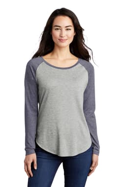 A long sleeve scoop neck raglan tee featuring grey fabric with navy sleeves. It has a logo on the front.