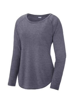 A long sleeve, scoop neck raglan tee in a heathered grey colour, featuring a logo. Ideal for active wear.