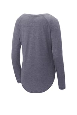 A long sleeve grey tri-blend scoop neck raglan tee with a rounded hem and back view, featuring a logo.