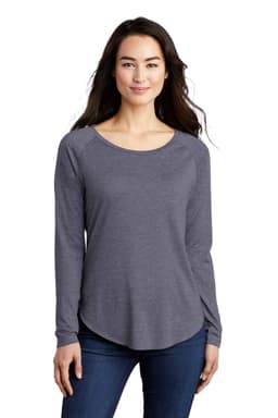 A long-sleeve, scoop neck tee in deep grey with a relaxed fit, featuring a logo on the chest area.