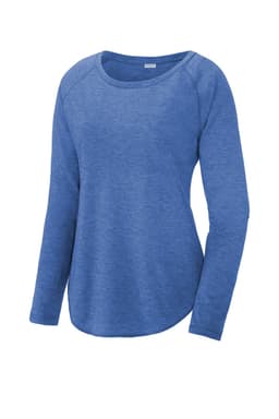 A long sleeve, scoop neck, tri-blend wicking tee in a vibrant blue shade, featuring a raglan design.