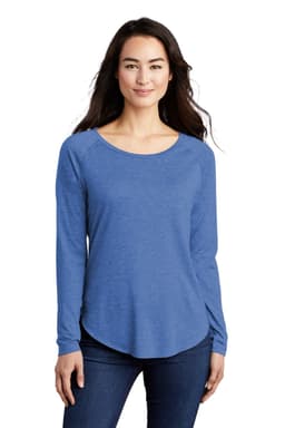A blue long sleeve tee with a scoop neck and raglan sleeves, featuring a subtle branding logo.