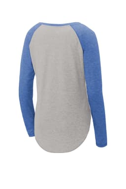 A long sleeve tri-blend tee featuring a grey body and blue raglan sleeves, with a rounded hem and a logo.