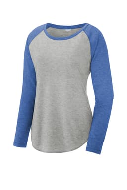 A grey long sleeve tee with blue raglan sleeves and a scoop neck design, featuring a logo.