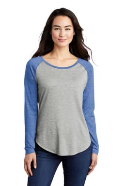 A long sleeve tri-blend wicking scoop neck tee in grey and blue, featuring a raglan design and a logo.