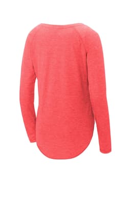 A coral long sleeve tee featuring a scoop neck and raglan design, made from a tri-blend wicking fabric.
