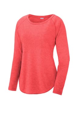 A long sleeve, scoop neck tee in a vibrant red colour with a lightweight, tri-blend fabric and raglan sleeves.