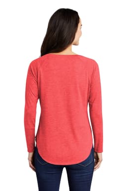 A red long sleeve tee with a scoop neck and raglan sleeves, featuring a logo on the back.