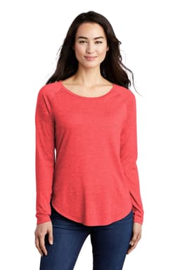 A long sleeve, scoop neck raglan tee in red, featuring a casual fit and a brand logo on the sleeve.