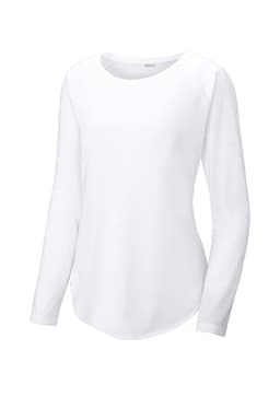 A white long sleeve scoop neck raglan tee featuring a wicking fabric and a logo.
