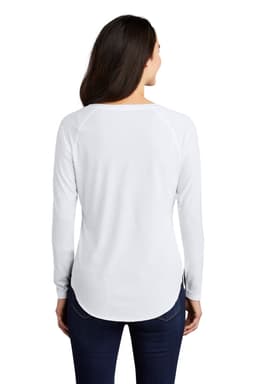 A white long sleeve scoop neck tee with raglan sleeves and a slight rounded hem, featuring a logo.