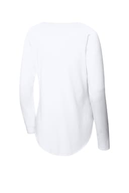 A white long sleeve T-shirt with a scoop neck and raglan design, featuring a logo on the back.