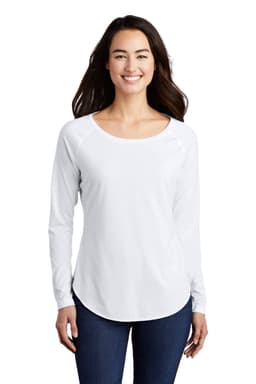 A white long sleeve tri-blend wicking scoop neck raglan tee on a smiling woman, featuring a logo.