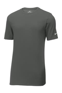 A grey Nike Dri-FIT cotton/poly T-shirt with short sleeves and a logo on one sleeve.