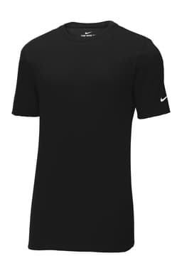 A black Nike Dri-FIT Cotton/Poly T-shirt with short sleeves and a logo on the sleeve.