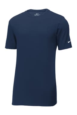 A navy blue Nike Dri-FIT T-shirt with short sleeves and a logo on the sleeve.