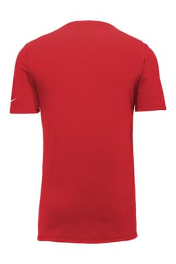 A red Nike Dri-FIT Cotton/Poly T-shirt with short sleeves and a logo on the sleeve.