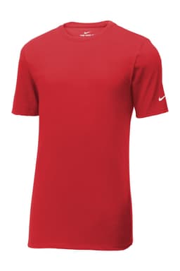 A red Nike Dri-FIT cotton/polyester T-shirt with a logo on the sleeve.