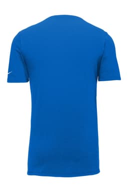A blue Nike Dri-FIT Cotton/Poly T-shirt featuring a logo, showing the back view.