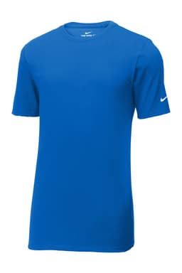 A blue Nike Dri-FIT Cotton/Poly Tee with a logo on the sleeve, displayed on a plain background.