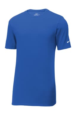 A blue Nike Dri-FIT cotton/polyester T-shirt with short sleeves and a branded logo.