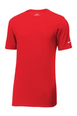 A red Nike Dri-FIT T-shirt featuring short sleeves and a logo on the arm.
