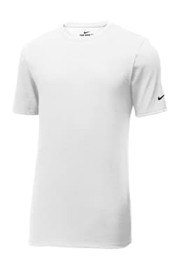 A white Nike Dri-FIT cotton/poly T-shirt with short sleeves and a small logo on the sleeve.