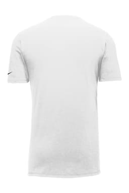 A plain white T-shirt with short sleeves and a small logo on one sleeve.