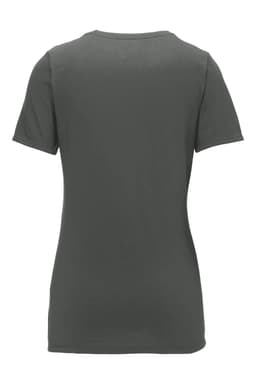 A green scoop neck tee with short sleeves, featuring a branded logo on the back.