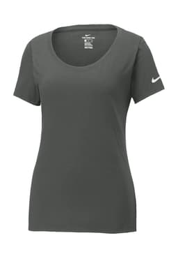 A green scoop neck tee with short sleeves, featuring a logo on the sleeve. Made from Dri-FIT cotton/polyester blend.
