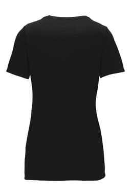 A black scoop neck t-shirt with short sleeves, featuring a branding logo. The fabric is a blend of cotton and polyester.