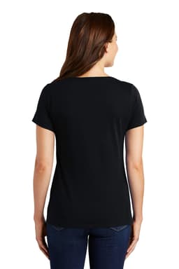 A black Nike ladies Dri-FIT cotton/poly scoop neck tee displayed from the back, featuring a curved hem.