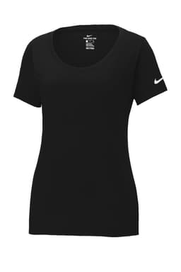A black scoop neck t-shirt with short sleeves featuring a logo on the sleeve. Made from a cotton/polyester blend.