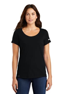 A black Nike ladies' Dri-FIT cotton/poly scoop neck tee featuring a logo on one sleeve.