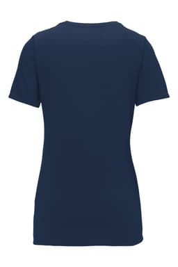 A navy blue scoop neck tee with short sleeves featuring a branding logo.